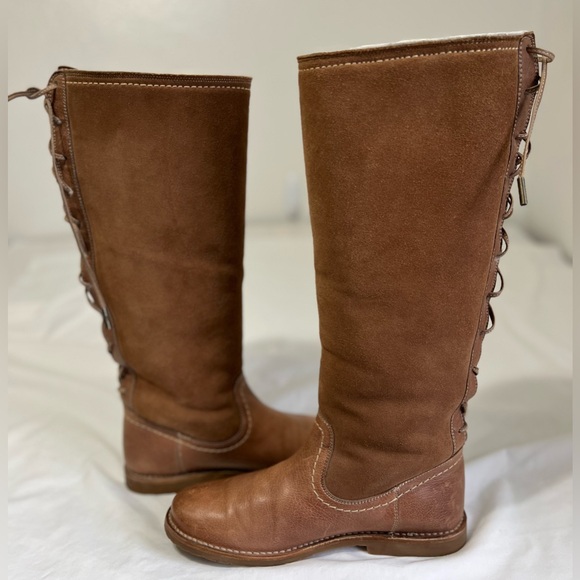 Frye Riding Cozy Tall leather Shearling lined Equestrian Boots Lace Up Back - Picture 7 of 13